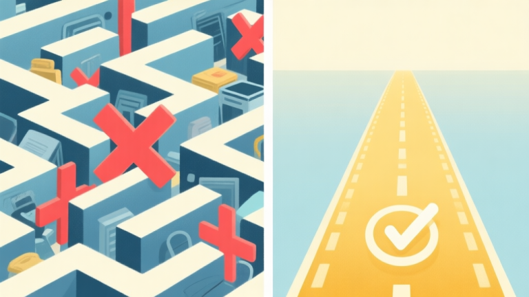 自动生成图片: Split-screen illustration showing a cluttered, inefficient maze path on the left with red crosses, and a clean, optimal golden path on the right with a checkmark, using a soft pastel color palette with muted blues and yellows high quality illustration, detailed, 16:9