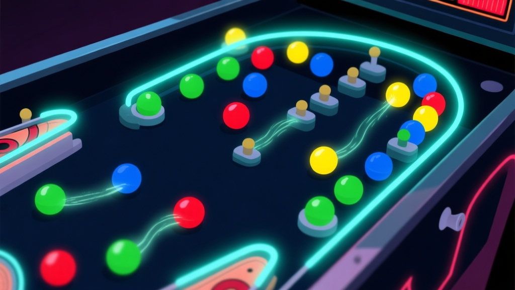 A stylized, top-down view of a pinball table with glowing, multi-colored pinballs (red, blue, green, yellow) leaving subtle trails of light, arranged in a strategic pattern near specific bumpers and targets, on a dark background with soft neon accents high quality illustration, detailed, 16:9