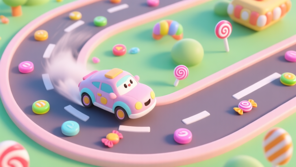 A vibrant, playful 3D render of a cartoonish race track from a bird's-eye view, with colorful candy-themed power-ups scattered along the path and a cute vehicle mid-drift on a corner, soft pastel color palette, dynamic action high quality illustration, detailed, 16:9