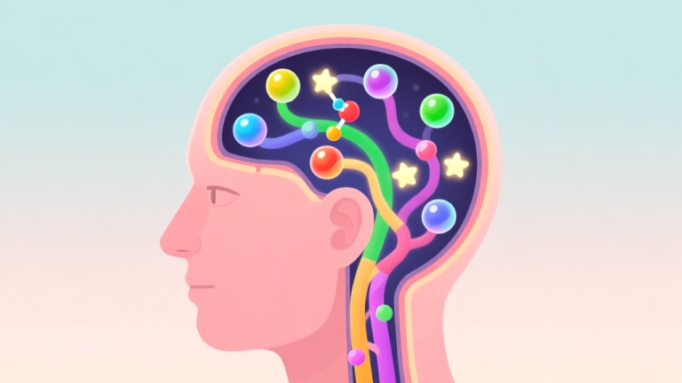 自动生成图片: A stylized, cross-section illustration of a human head in profile. Inside, colorful game bubbles are flowing through neural pathways like a puzzle game, with dopamine molecules lighting up like stars. Soft pastel background. high quality illustration, detailed, 16:9