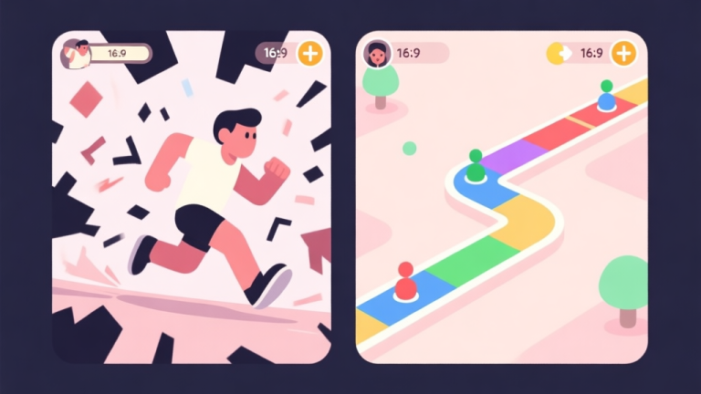自动生成图片: A split-screen game illustration showing a chaotic runner on one side and a strategic, color-coded path on the other, soft pastel colors, minimalist mobile game art style high quality illustration, detailed, 16:9