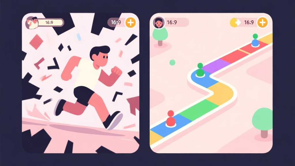 A split-screen game illustration showing a chaotic runner on one side and a strategic, color-coded path on the other, soft pastel colors, minimalist mobile game art style high quality illustration, detailed, 16:9