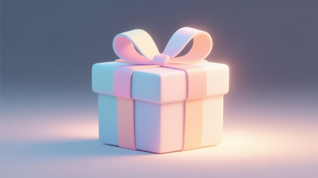 A stylized, inviting gift box with a ribbon in soft pastel colors, placed on a simple background, glowing with a subtle light, flat illustration style high quality illustration, detailed, 16:9