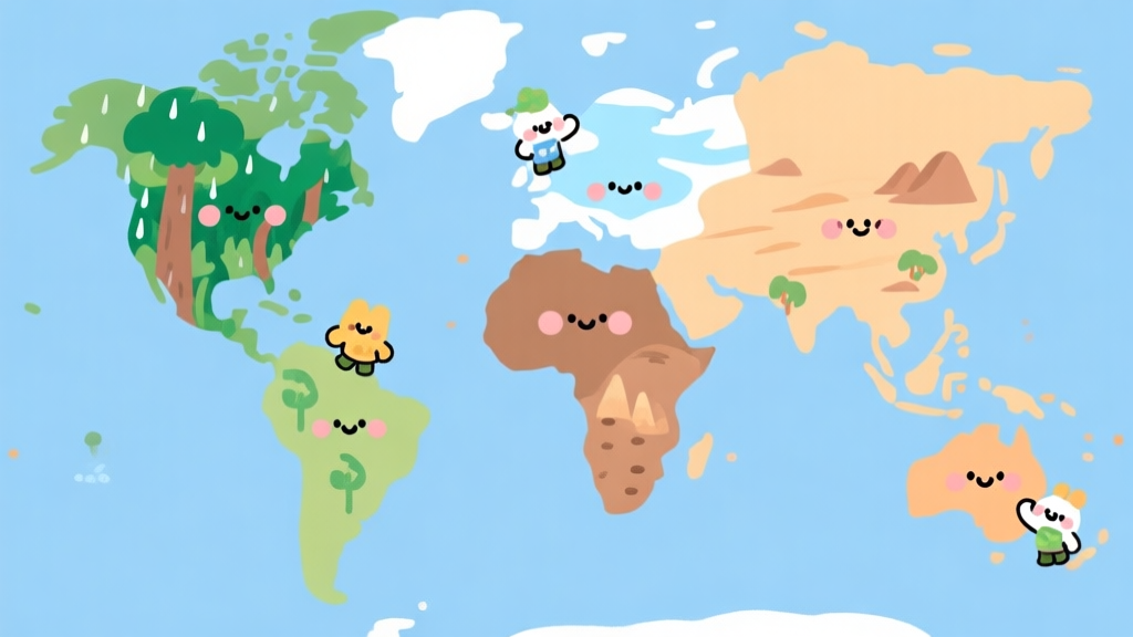A stylized, friendly world map showing cartoon continents labeled with different biomes like rainforest, arctic, and desert, with little cute characters struggling with environmental hazards, soft pastel color palette, flat illustration style high quality illustration, detailed, 16:9