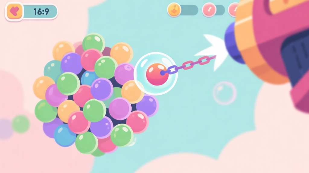 A close-up view of a bubble shooter game interface at a critical moment, showing a complex cluster of colored bubbles with one strategic bubble about to be shot, creating a chain reaction path. Soft pastel color scheme, clean vector style. high quality illustration, detailed, 16:9