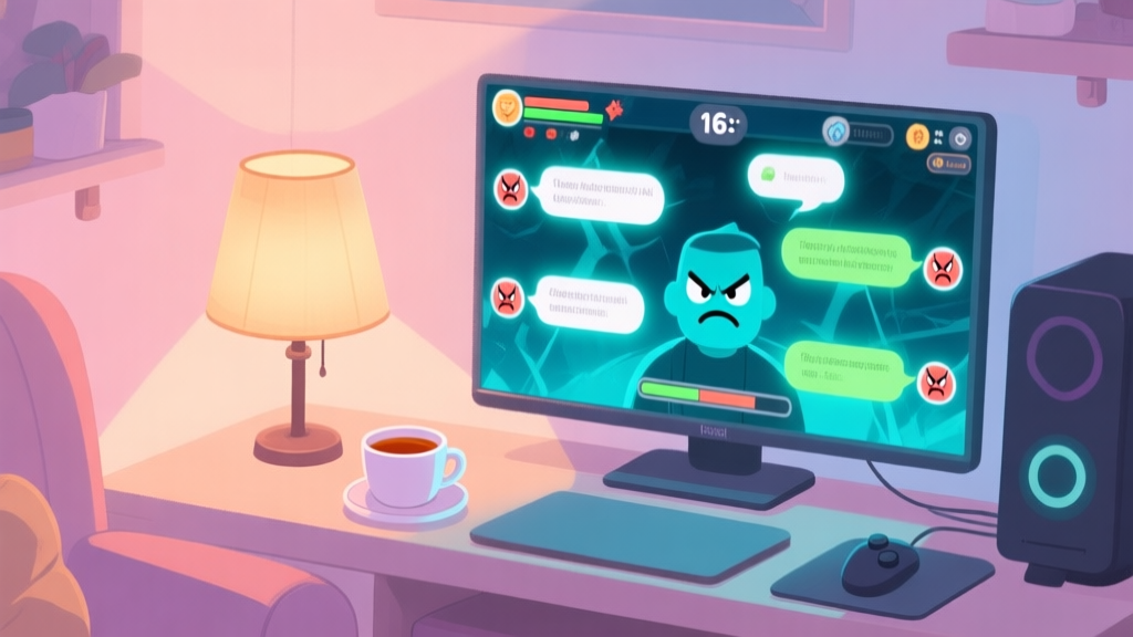 An illustration of a serene, cozy gaming setup with a warm lamp and a cup of tea, contrasted by a chaotic, glowing game screen showing angry chat bubbles and a frowning character, in a soft pastel color palette high quality illustration, detailed, 16:9