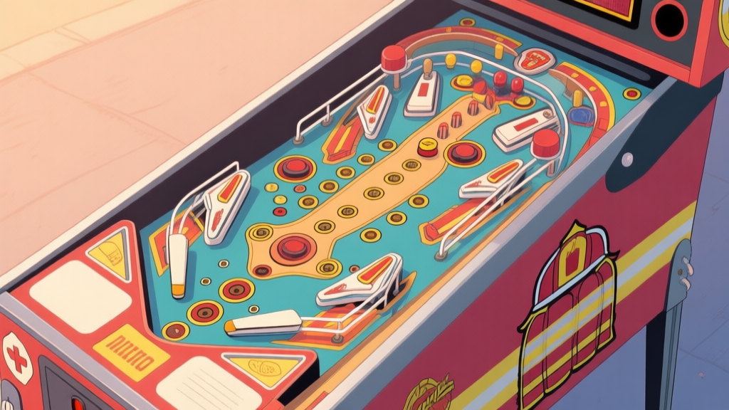 A top-down view of a classic pinball machine with a firefighter theme, showing the flippers, bumpers, and lanes, rendered in a soft, illustrative style with warm and cool color accents high quality illustration, detailed, 16:9