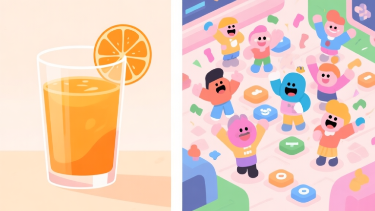 自动生成图片: A split-screen illustration showing a glass of orange juice on one side and a chaotic, friendly multiplayer game scene with cartoonish characters celebrating on the other, soft pastel colors, clean lines high quality illustration, detailed, 16:9