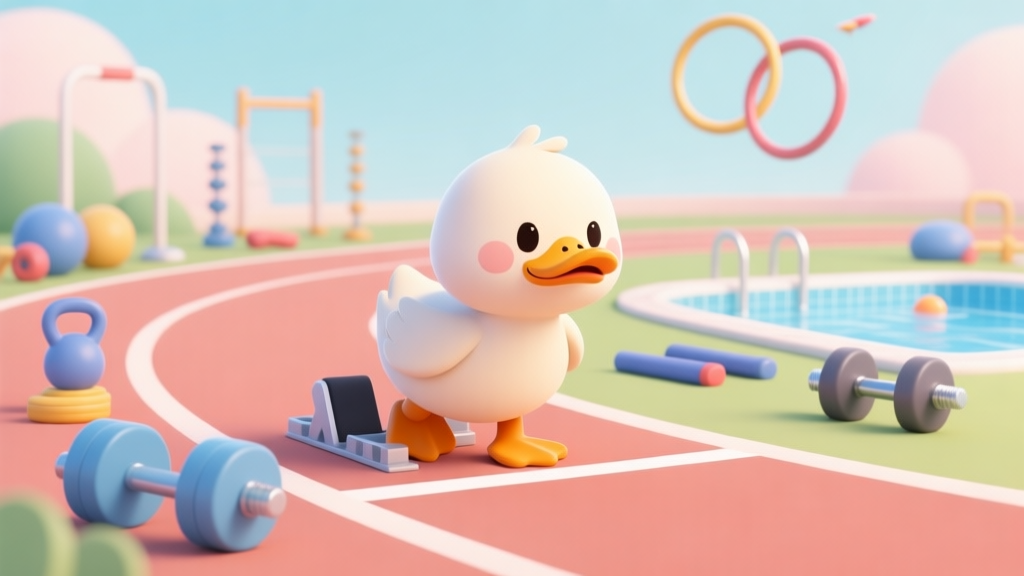 A cute digital illustration of a determined cartoon duck standing at the starting line of a race track, with various training equipment like weights, a swimming pool, and flying rings in the background, soft pastel color palette high quality illustration, detailed, 16:9