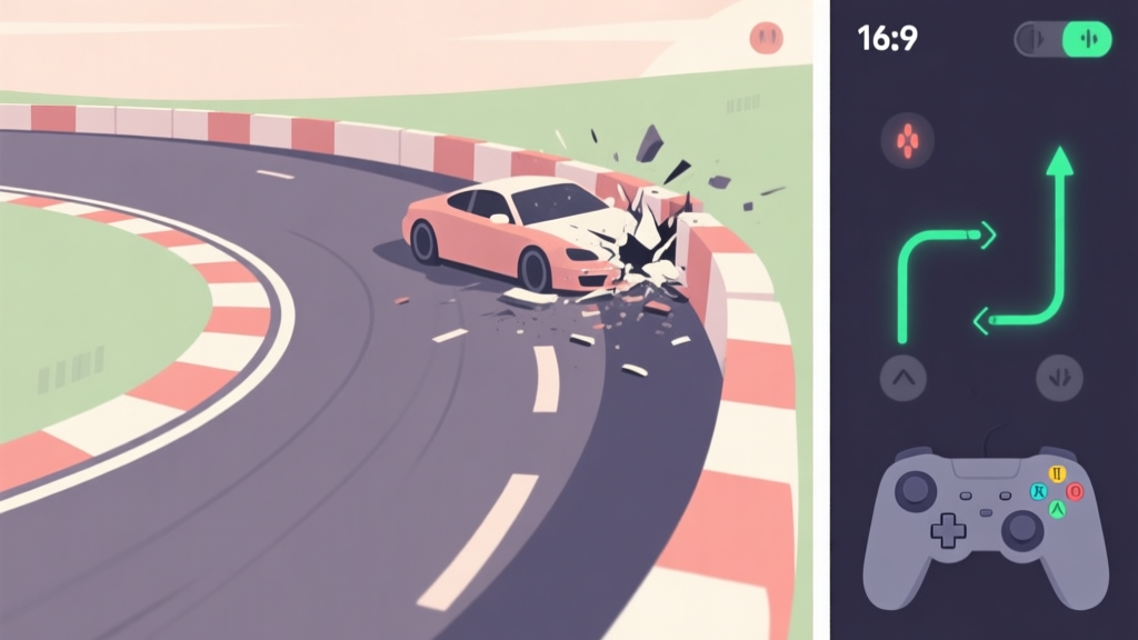 Split-screen comparison of a smooth racing line through a right turn versus a car crashing into a barrier, illustrated in a minimalist game art style with soft colors, showing controller input signals on one side high quality illustration, detailed, 16:9