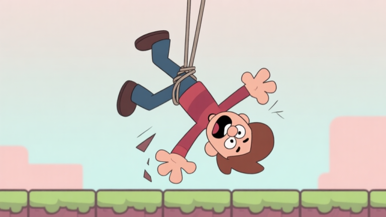 自动生成图片: A humorous video game scene showing a cartoonish character in mid-air ragdoll fall against a simple game background, soft pastel colors, comedic expression high quality illustration, detailed, 16:9