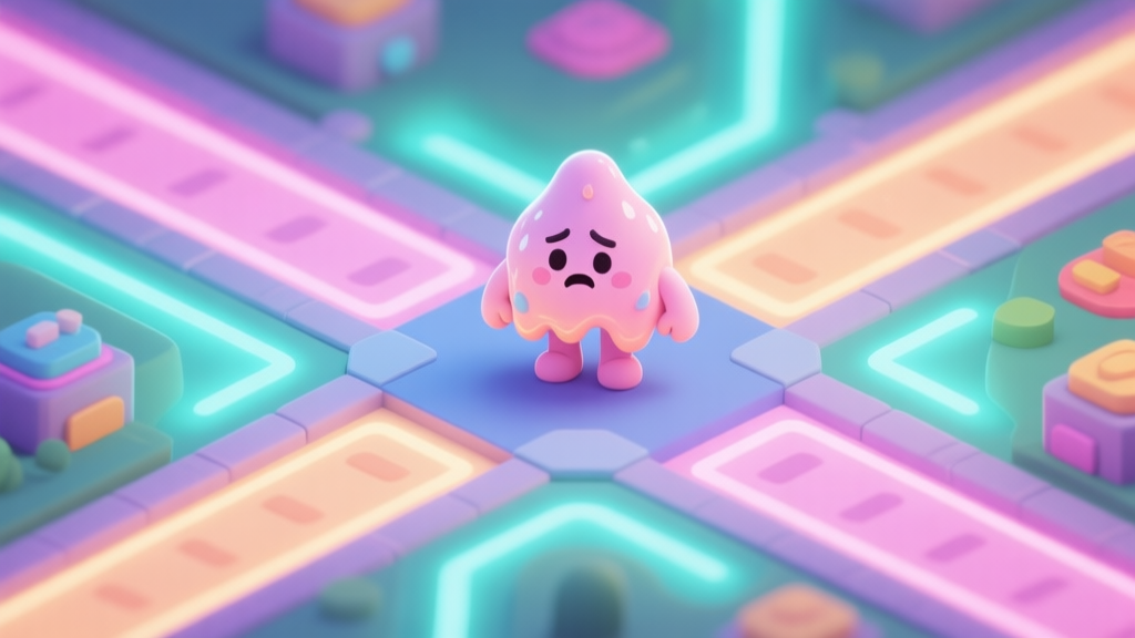 Cute and confused slime character standing at a colorful game crossroads with multiple glowing paths, soft pastel colors, isometric view, game UI style high quality illustration, detailed, 16:9