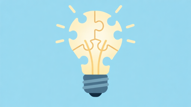 自动生成图片: A minimalist, flat design illustration showing a lightbulb made of puzzle pieces, glowing softly against a pastel blue background. The pieces are not fully connected, symbolizing the "aha!" moment of understanding a game's klung. high quality illustration, detailed, 16:9
