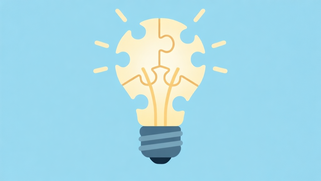A minimalist, flat design illustration showing a lightbulb made of puzzle pieces, glowing softly against a pastel blue background. The pieces are not fully connected, symbolizing the "aha!" moment of understanding a game's klung. high quality illustration, detailed, 16:9