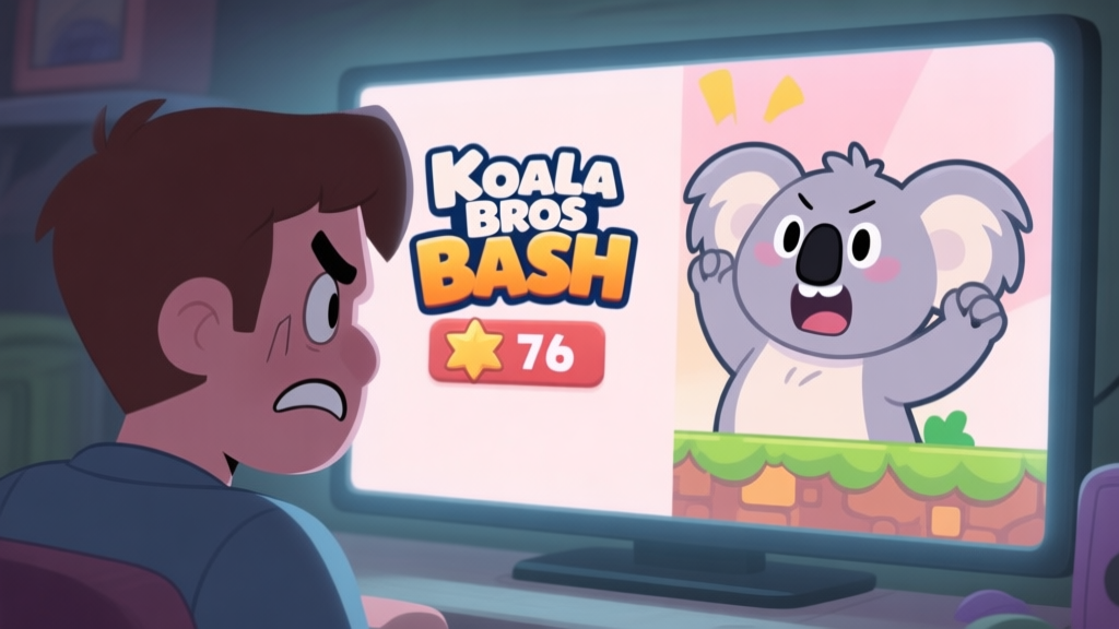 A frustrated player looking at a screen showing a Koala Bros Bash defeat screen, with a victorious cartoon koala character on the other side, soft pastel colors, muted lighting high quality illustration, detailed, 16:9