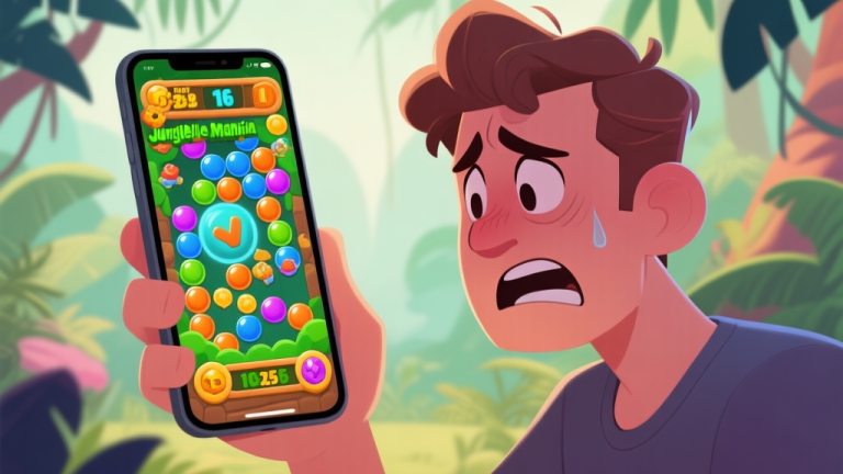 自动生成图片: A frustrated player looking at a smartphone screen showing a cluttered, almost lost Jungle Bubble Shooter Mania level, with soft jungle background colors and a low score visible high quality illustration, detailed, 16:9