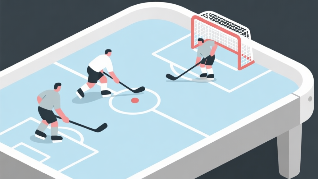 A minimalist, top-down view of a Pocket Hockey game table with two stylized players, one executing a precise shot towards the goal, soft blue and grey color scheme, clean lines high quality illustration, detailed, 16:9