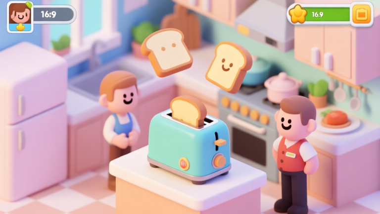 自动生成图片: Cute and vibrant isometric kitchen scene in a mobile game style, featuring a cartoon toaster, flying toast slices, and smiling customer characters, soft pastel color palette, clean lines high quality illustration, detailed, 16:9