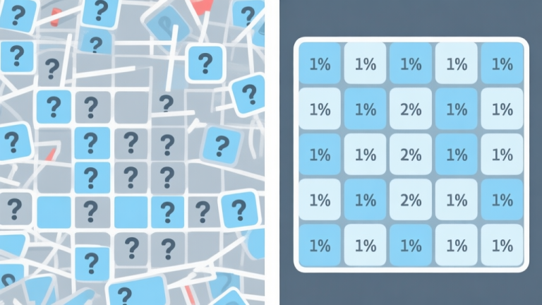 自动生成图片: A split-screen image showing a chaotic Minesweeper 3 grid on the left with question marks and a clear, logically solved grid on the right with calculated probability percentages on each tile, in a flat design style with a soft blue and grey color palette high quality illustration, detailed, 16:9