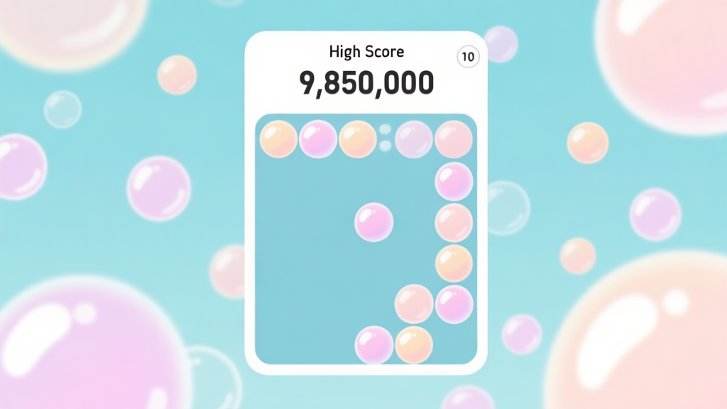 A clean, minimalist game interface of a bubble shooter, showing a high score counter with 9,850,000 points, soft pastel bubbles in the background, focus on the strategic arrangement of bubbles rather than chaos high quality illustration, detailed, 16:9
