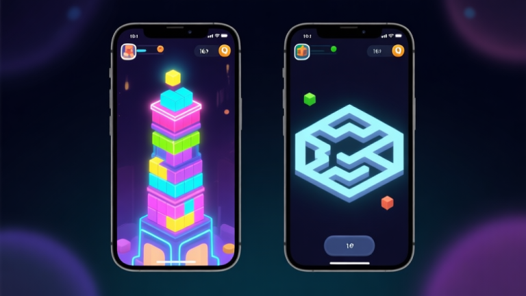 自动生成图片: Side-by-side comparison of two mobile game screens, left showing a bright neon tower stacking puzzle, right showing a minimalist square navigating a maze, on a dark background with soft glow effects high quality illustration, detailed, 16:9