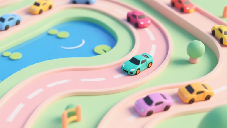 自动生成图片: Top-down view of a vibrant Pond Race track with multiple colorful toy cars, one car perfectly taking a racing line through a sharp corner, soft pastel colors, playful and clean illustration style high quality illustration, detailed, 16:9