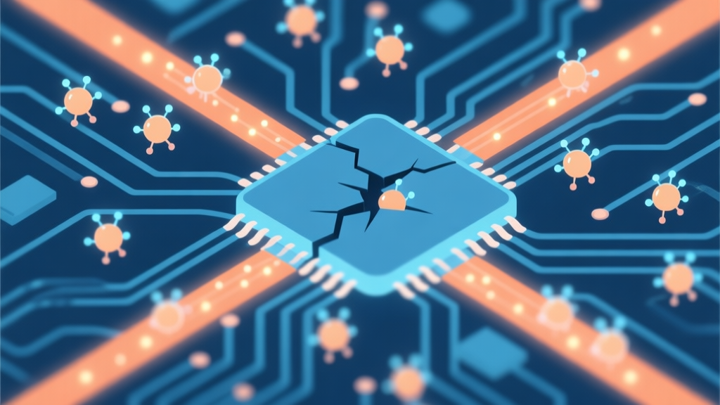 A minimalist, top-down view of a digital circuit board with tiny glowing dots (nanobots) flowing along pathways, solving a broken connection, soft blue and orange color scheme, flat design high quality illustration, detailed, 16:9