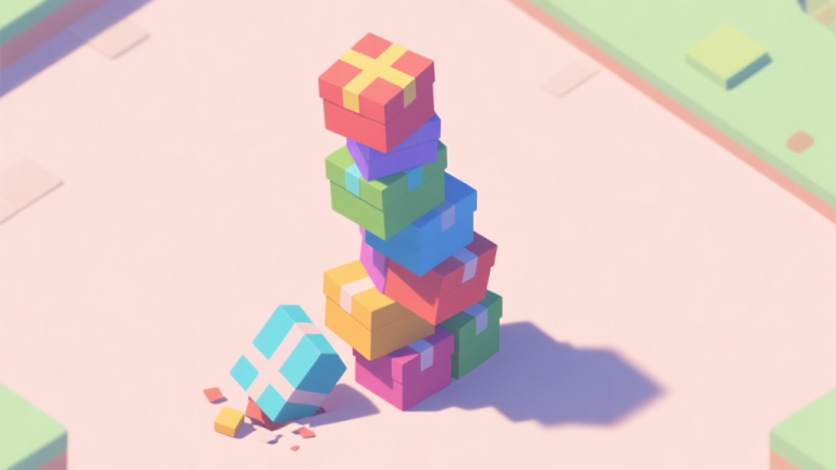 自动生成图片: A top-down view of a wobbly, poorly stacked tower of colorful boxes in a minimalist game style, with one box about to fall, soft pastel background high quality illustration, detailed, 16:9