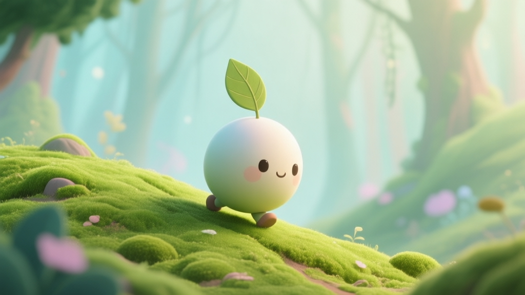 A cute, stylized ball with a leaf on top rolling down a vibrant green, mossy hill in a magical forest, soft pastel color palette, gentle lighting, illustrated storybook style high quality illustration, detailed, 16:9