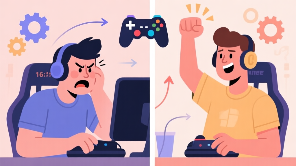 A split-screen illustration showing a frustrated gamer on one side and a confident, victorious gamer on the other, with game controller icons and subtle strategy symbols like gears and arrows connecting them, in a soft color palette high quality illustration, detailed, 16:9