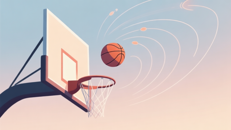 自动生成图片: A stylized, side-view illustration of a basketball hoop. A ball is in mid-air, with multiple faint, curved trajectory lines showing different possible bounce outcomes, set against a soft gradient background high quality illustration, detailed, 16:9