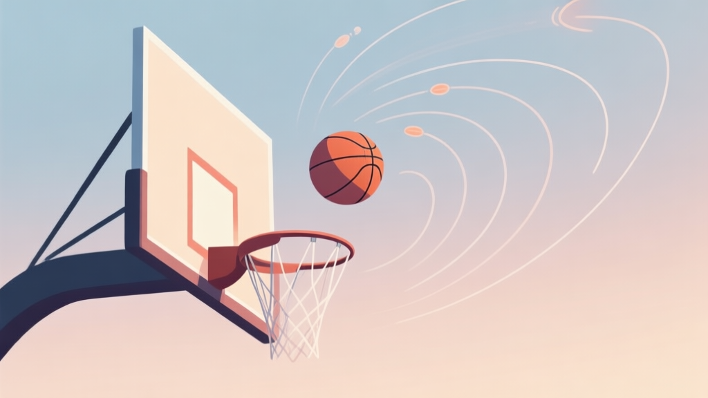 A stylized, side-view illustration of a basketball hoop. A ball is in mid-air, with multiple faint, curved trajectory lines showing different possible bounce outcomes, set against a soft gradient background high quality illustration, detailed, 16:9