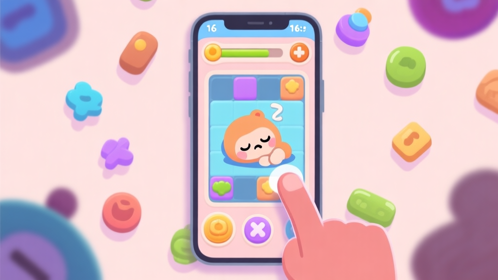 A frustrating mobile puzzle game scene, showing a cute sleeping character on screen, surrounded by mismatched interactive objects, with a player's finger hovering in confusion, in a soft pastel color palette high quality illustration, detailed, 16:9