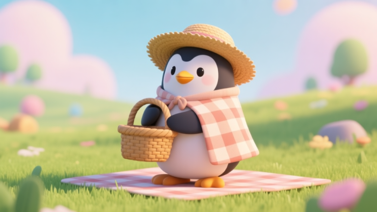 自动生成图片: A cute, stylized 3D penguin character wearing a straw hat and a checkered picnic blanket cape, holding a woven basket, standing in a vibrant game-like grassy field, soft pastel colors, cartoon shading high quality illustration, detailed, 16:9