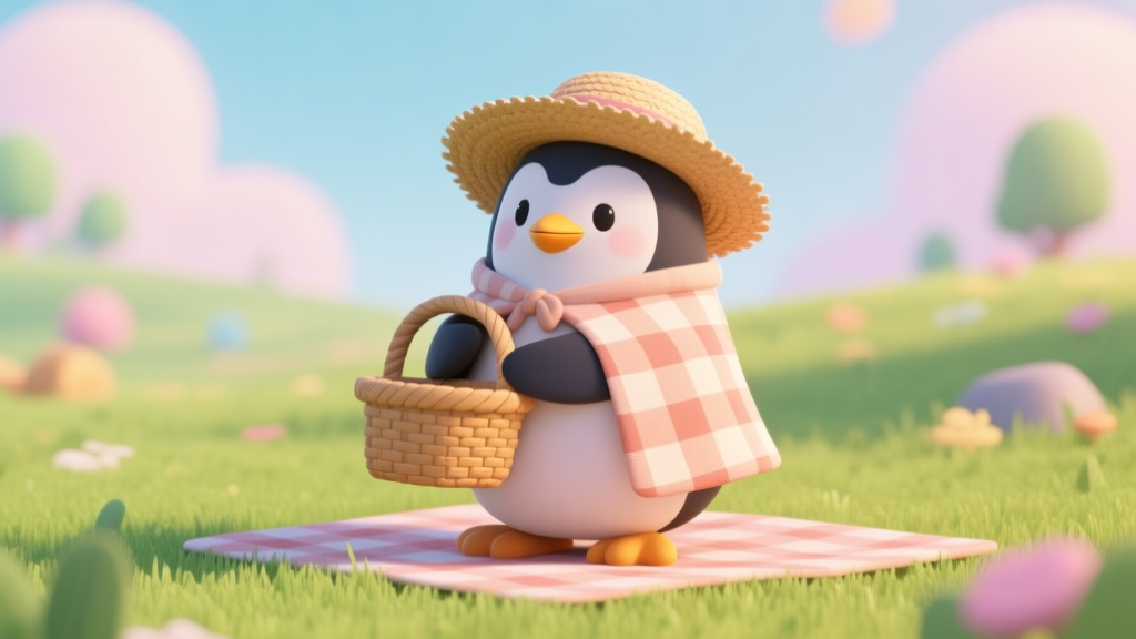 A cute, stylized 3D penguin character wearing a straw hat and a checkered picnic blanket cape, holding a woven basket, standing in a vibrant game-like grassy field, soft pastel colors, cartoon shading high quality illustration, detailed, 16:9