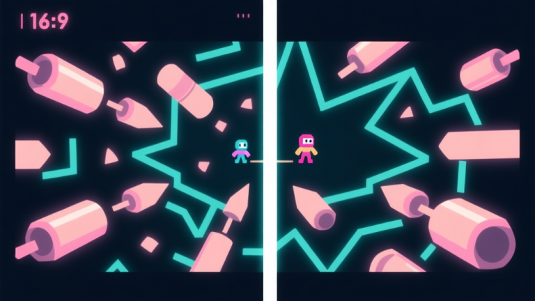 自动生成图片: Split-screen game scene showing two distinct, overlapping bullet hell patterns with a small player character navigating between them, soft neon colors on dark background, minimalist geometric shapes high quality illustration, detailed, 16:9