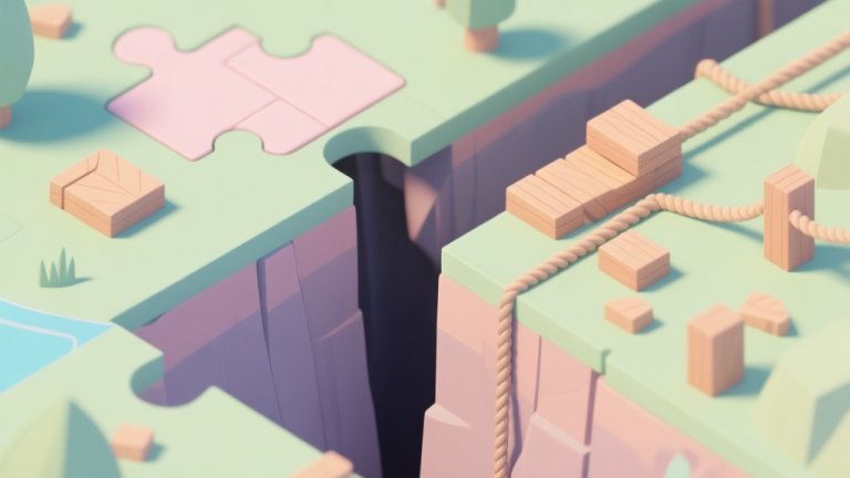 自动生成图片: A serene, top-down view of a puzzle game landscape with a chasm, scattered wooden blocks and ropes on one side, soft pastel colors, clean lines, isometric view high quality illustration, detailed, 16:9