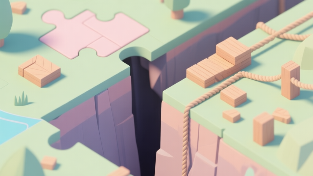 A serene, top-down view of a puzzle game landscape with a chasm, scattered wooden blocks and ropes on one side, soft pastel colors, clean lines, isometric view high quality illustration, detailed, 16:9