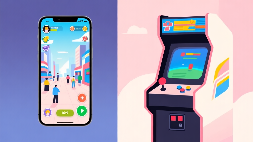 A split-screen illustration showing a modern, busy mobile game interface on one side and a clean, minimalist classic arcade game screen on the other, with soft pastel colors high quality illustration, detailed, 16:9