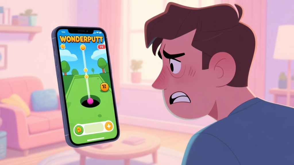 A frustrated player looking at a mobile screen showing a tricky Wonderputt hole with a high stroke count, in a cozy room setting, soft pastel colors, digital art style high quality illustration, detailed, 16:9