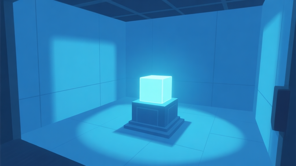 A minimalist, serene game scene showing a first-person view of a clean, blue-tinted testing chamber with a single glowing cube on a pedestal, soft shadows, atmospheric lighting, evoking a sense of calm mystery high quality illustration, detailed, 16:9
