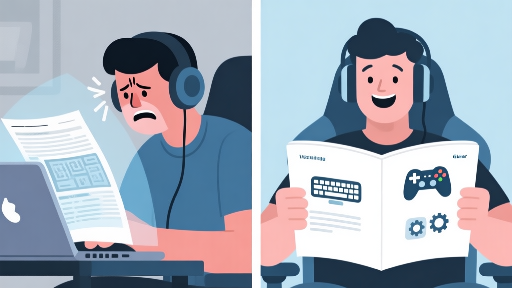 A split-screen illustration showing a frustrated gamer on the left looking at a confusing, overly technical article on a laptop, and a satisfied gamer on the right reading a clear, visually engaging guide with simple icons representing a gaming keypad, controller, and settings. Soft, muted color palette with blues and grays. high quality illustration, detailed, 16:9