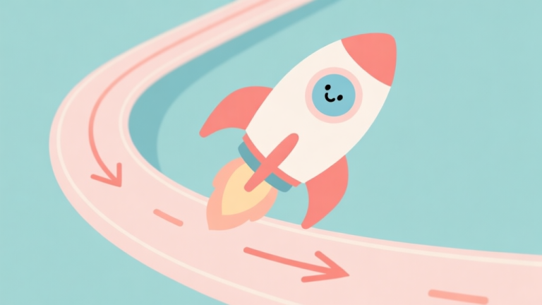 自动生成图片: A friendly, stylized illustration of a simple rocket navigating a gentle, curved track with clear arrows showing the path, soft pastel colors, no harsh lines high quality illustration, detailed, 16:9