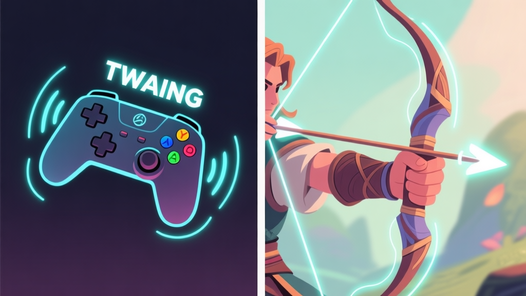 A stylized, split-screen illustration showing on one side a game controller vibrating with a "TWANG" sound effect visual, and on the other side a hand pulling back a bowstring in a fantasy game, connected by glowing lines of feedback, soft color palette high quality illustration, detailed, 16:9