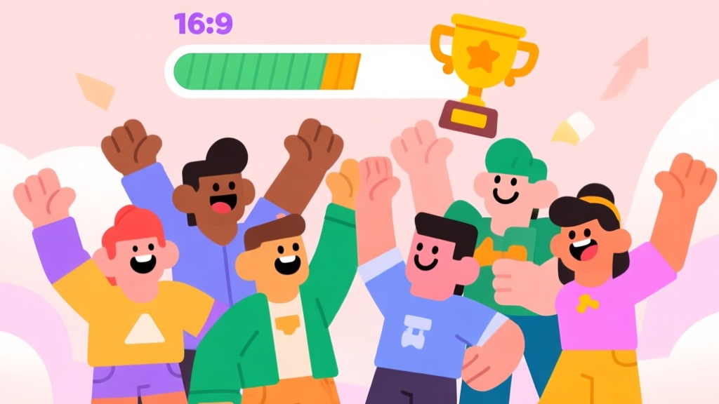 A vibrant, friendly illustration of a diverse group of stylized game avatars high-fiving in celebration, with a rising progress bar and trophy in the background, soft pastel color scheme, cartoon style high quality illustration, detailed, 16:9