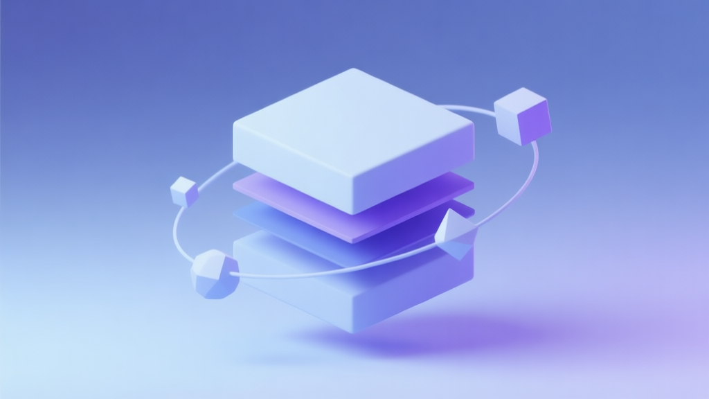 A minimalist 3D cube floating in a soft gradient space, with smaller geometric shapes orbiting around it, representing dimensions and layers, in a calm blue and purple color scheme high quality illustration, detailed, 16:9