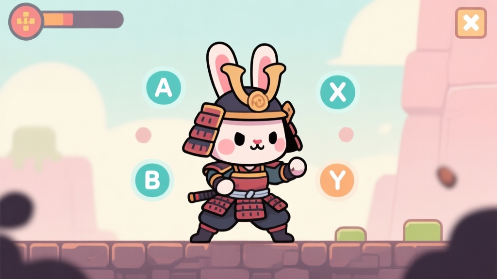 A cute but determined rabbit samurai character in a side-scrolling game environment, standing in a basic combat stance, with simple controller button prompts (like A, B, X, Y) floating around, soft pastel colors, illustrated in a friendly 2D game art style high quality illustration, detailed, 16:9