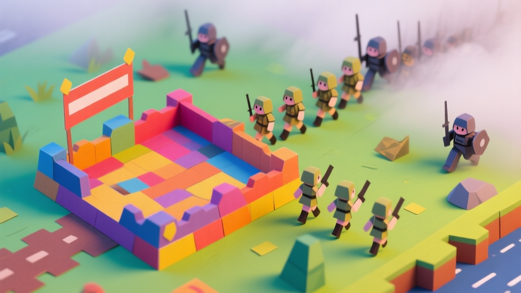 A vibrant, top-down view of a Papercraft Wars battlefield, showing a colorful papercraft base under construction, friendly paper soldiers marching, and enemy units approaching from a foggy edge, in a cute papercraft art style high quality illustration, detailed, 16:9