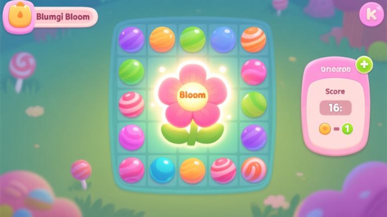 自动生成图片: A vibrant, cozy game screenshot style illustration of the Blumgi Bloom game interface. Show a central glowing flower (the Bloom) surrounded by colorful, candy-like orbs on a grid, with a simple score and multiplier counter on the side. Soft pastel color palette. high quality illustration, detailed, 16:9