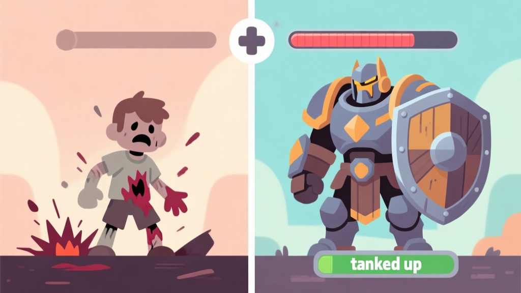 A split-screen game illustration showing contrast: left side shows a fragile character with high damage but low health, right side shows a heavily armored "tanked up" character with a massive shield and high health bar, soft color palette, flat design style high quality illustration, detailed, 16:9